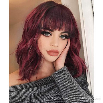 Vigorous 14 inches Natural Wave Wig Wine Red Hair with Bangs Synthetic Short Wig for Women Heat Resistant Fiber Hair